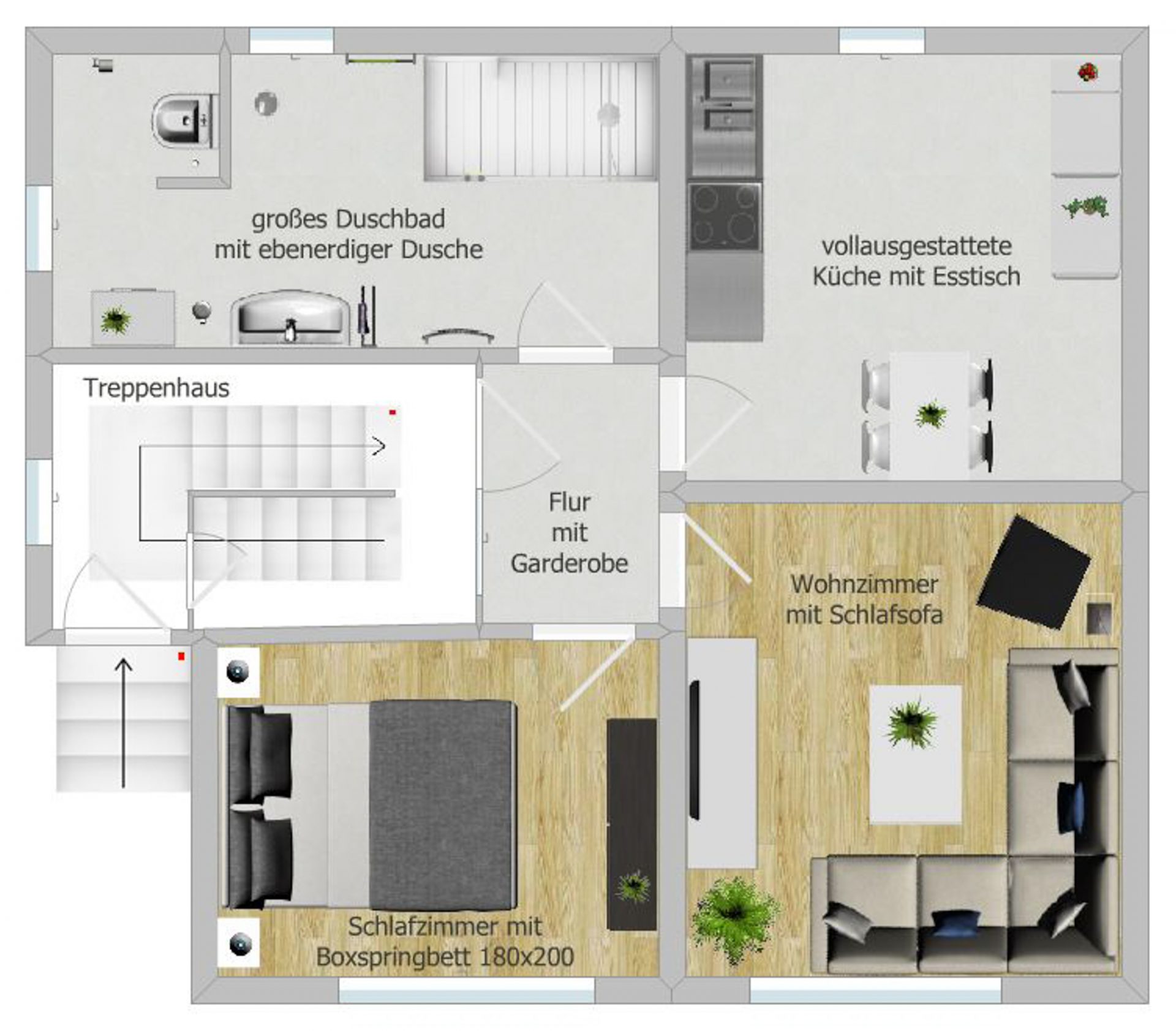 Grundriss einer Wohnung bestehend aus einem Wohnzimmer mit Schlafcouch, einem Schlafzimmer mit 180x200 Bett, einer Küche mit Essbereich, einem Badezimmer mit ebenerdiger Dusche, einem Flur mit Garderobe und einer Treppe.